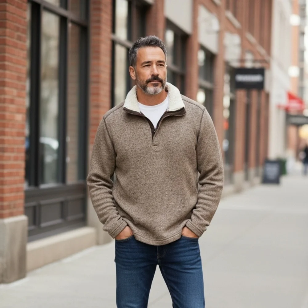 Weatherproof Vintage Mens Brown Marled Sherpa Lined Quarter Zip Pullover Sweater